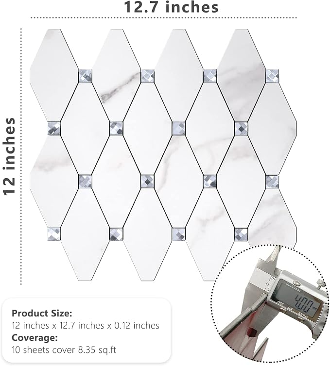 STICKGOO 1 Sheet Peel and Stick Backsplash, Calacatta Stick on Aluminum Composite Tiles Stikers, Self Adhesive Mixed Glass Backsplash for Kitchen, Bathroom, Fireplace, RV