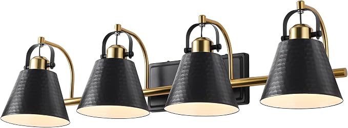 PAZALA Black and Gold Vanity Light, 4-Lights Farmhouse Vanity Light, Bathroom Light Fixtures Over Mirror, 24inch Modern Bathroom Wall lamp for Bath Mirror Living Room Cabinet Bedroom