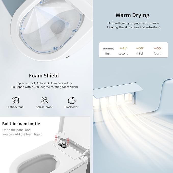 BONSAM Modern Smart Toilet for Seniors & Families, One Piece Tankless Bidet Toilet with Auto Open/Close Lid, Foam Shield, Heated Seat, Foot Kick Flush, Warm Water Wash, LED Night Light, Remote Control