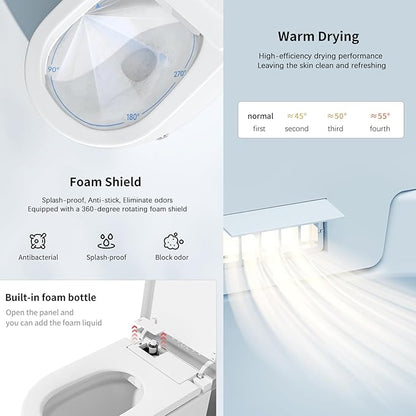 BONSAM Modern Smart Toilet for Seniors & Families, One Piece Tankless Bidet Toilet with Auto Open/Close Lid, Foam Shield, Heated Seat, Foot Kick Flush, Warm Water Wash, LED Night Light, Remote Control