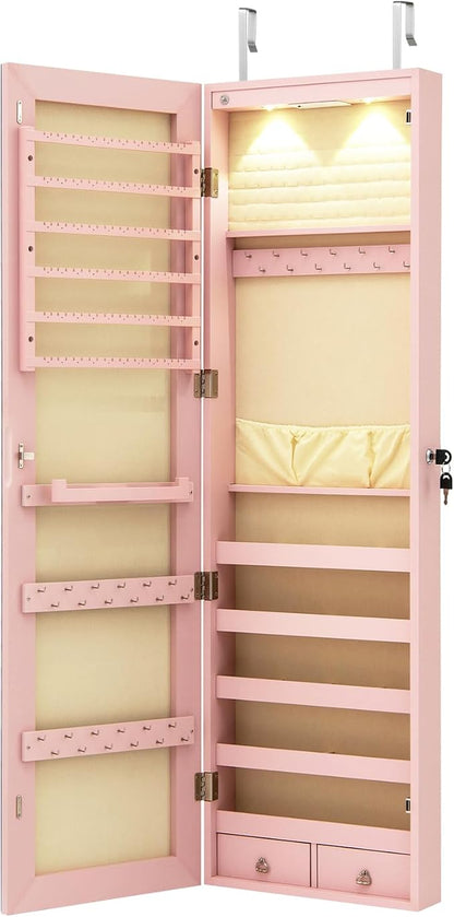 Moccha Wall Door Jewelry Armoire, 47.5" H Full Length Mirrored Jewelry Cabinet with 2 LED Lights and 2 Drawers, Lockable Jewelry Cabinet, Jewelry Organizer Storage for Bedroom, Pink