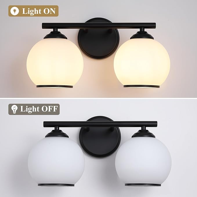 Milk Glass Bathroom Vanity Light Over Mirror, 2 Light Matte Black Bathroom Light Fixtures with Frosted Globe Glass Shade, Modern Vanity Lighting Wall Mounted