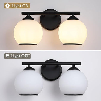 Milk Glass Bathroom Vanity Light Over Mirror, 2 Light Matte Black Bathroom Light Fixtures with Frosted Globe Glass Shade, Modern Vanity Lighting Wall Mounted