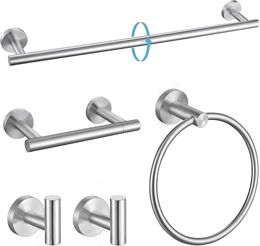 TURS Brushed Steel 5 Piece Bathroom Hardware Set, SUS304 Stainless Steel Bath Towel Bar Set, 24 Inch Bathroom Accessories Kit Wall Mounted