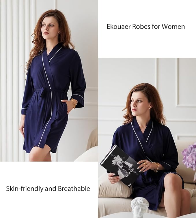 Ekouaer Women Kimono Robes Knee Length Knit Bathrobe Lightweight Soft Sleepwear V-neck Casual Ladies Loungewear