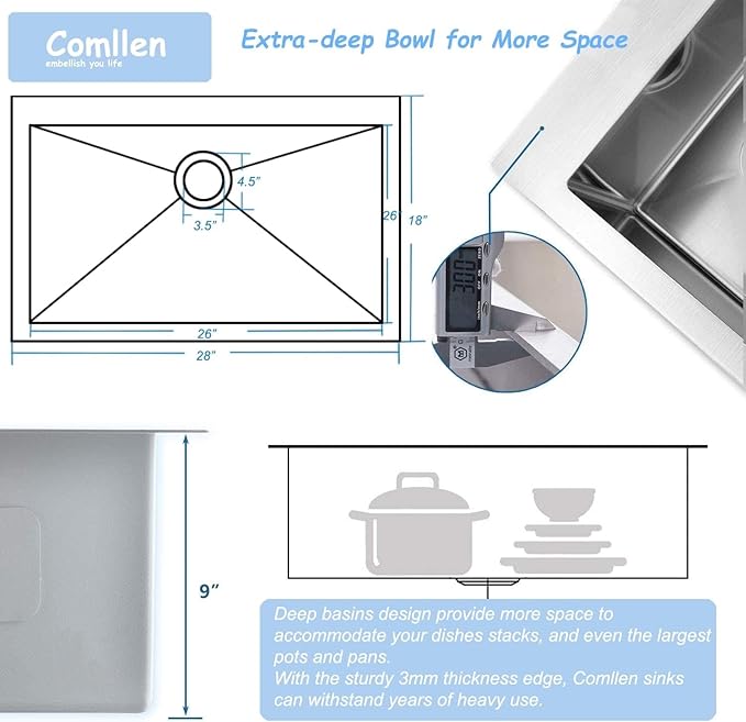 Comllen 28 Inch Undermount Kitchen Sink, 28x18 Inch Undermount 18 Gauge Stainless Steel Deep Kitchen Sinks, Brushed Nickel Single Bowl RV Laundry Utility Sink