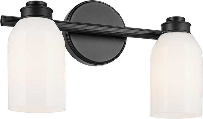Kichler Shae 15" 2-Light Vanity Light with White Opal Glass in Black, for Bathroom Vanity, Powder Room, Over a Mirror, (15" W x 9" H), 55201BK