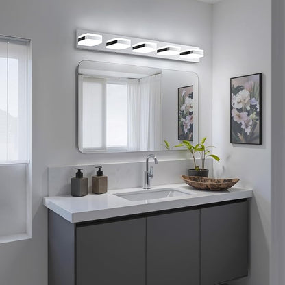 Bathroom Lighting Fixtures Over Mirror, 5 Light Silver Vanity Light | Cool White, 5000K, Modern Vanity Wall Lights for Bath, Dressing Room, Restroom, 37.4 inch