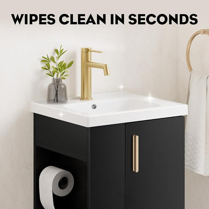 Pre-Assembled 16 Inch Black Small Bathroom Vanity, Freestanding Bathroom Cabinet with Ceramic Sink, Soft-Close Door, Left Side Storage, No Faucet, BV05-16-PUREBLACK-PLUS