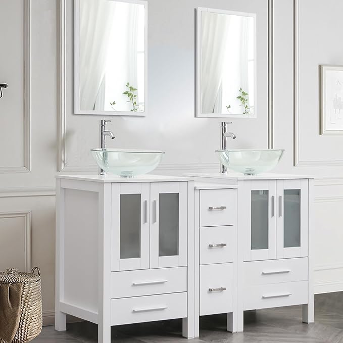 UEV 60" Double Sink Bathroom Vanity,White Bathroom Vanity with Double Side Vanity Cabinets & Removable 3 Drawer Storage Cabinet,Modern Bathroom Vanity with Vessel Sink Combo,Mirror Not Included(A16)