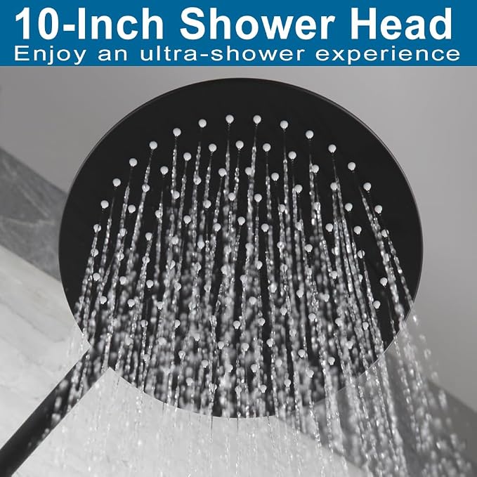 Matte Black Shower Faucet Set 10 Inch Round Rain Shower Head and Handle Set Bathroom Rainfall Shower System Wall Mounted Shower Fixture Single Function Shower Valve Trim Kit