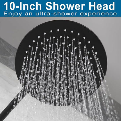 Matte Black Shower Faucet Set 10 Inch Round Rain Shower Head and Handle Set Bathroom Rainfall Shower System Wall Mounted Shower Fixture Single Function Shower Valve Trim Kit