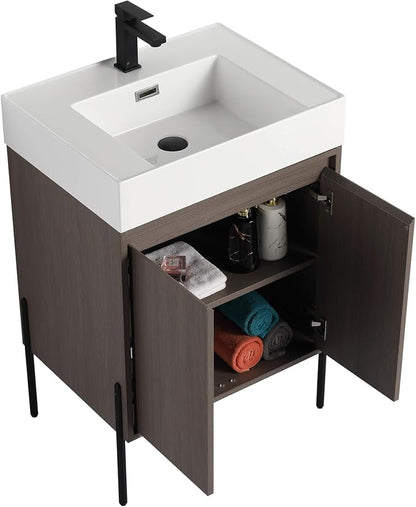 Crownpoint 24 Inch Bathroom Vanity with Sink, White Sink, Gray Oak Finish, Full Assembly Required, Elegant Bathroom Vanities for Modern Homes
