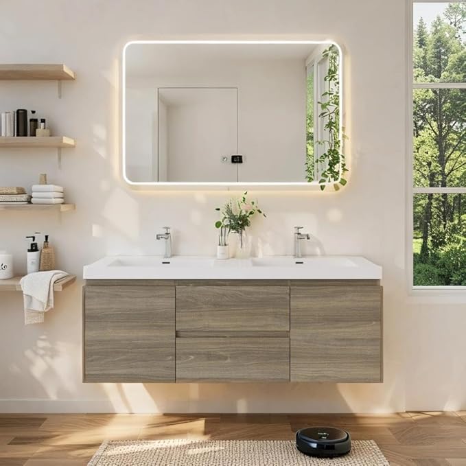 Floating Vanity Bathroom, 60 Inch Bathroom Vanity with Sink, Wall Mounted Double Sink Bathroom Vanity, Soft Closed 2 Drawers, Integrated Sink (Ash Grey)