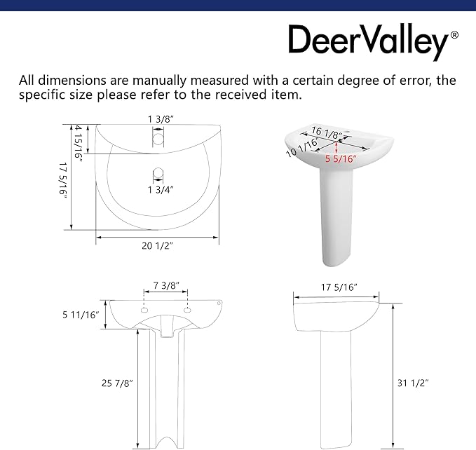 DeerValley 20x17 Inch Compact White Ceramic Pedestal Bathroom Sink with Overflow and Single Faucet Hole, Space-Saving Design, DV-1P523