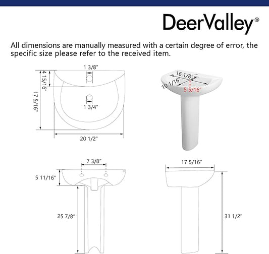 DeerValley 20x17 Inch Compact White Ceramic Pedestal Bathroom Sink with Overflow and Single Faucet Hole, Space-Saving Design, DV-1P523