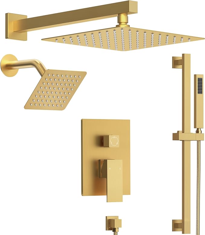 10" High-Pressure Rainfall Shower Faucet with Handheld Spray, Wall Mount Dual Shower Head System with Slide Bar (Brushed Gold)