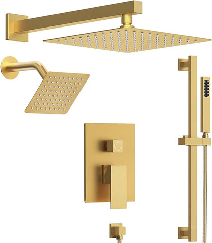 10" High-Pressure Rainfall Shower Faucet with Handheld Spray, Wall Mount Dual Shower Head System with Slide Bar (Brushed Gold)
