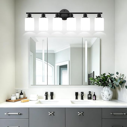 Zarbitta 6-Light Bathroom Light Fixtures, Black Modern Vanity Lights with Milky White Frosted Glass Shades, Bathroom Wall Lamp, for Mirror, Living Room, Kitchen, Hallway, Cabinet, Porch