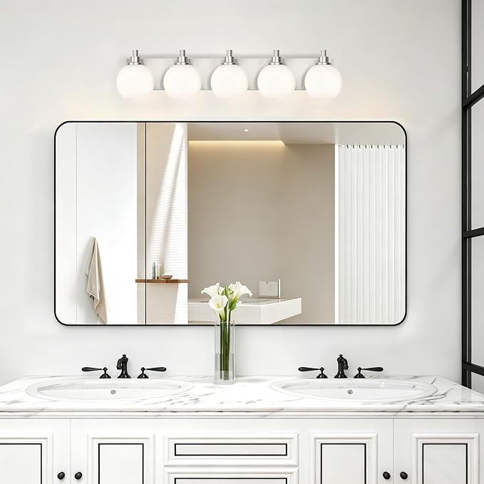 IZORRO Bathroom Light Fixtures, 5-Light Brushed Nickel Vanity Light, Modern Wall Sconces with Globe Milk White Glass Shade, Vanity Lighting Fixtures Over Mirror,E26 Bulb Socket