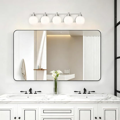 IZORRO Bathroom Light Fixtures, 5-Light Brushed Nickel Vanity Light, Modern Wall Sconces with Globe Milk White Glass Shade, Vanity Lighting Fixtures Over Mirror,E26 Bulb Socket