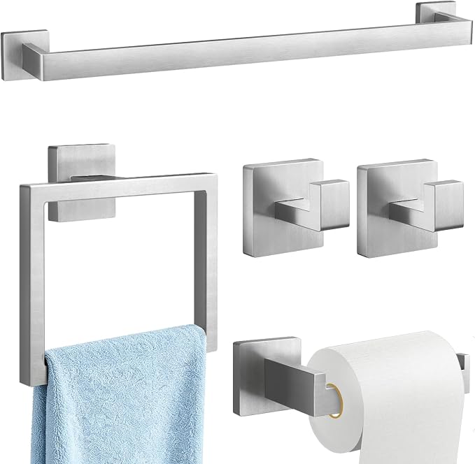 Gypie 24Inch Bathroom Accessory Set Wall Mounted, Brushed Nickel 5-Pieces | Stainless Steel Bathroom Hardware Set Towel Bar Set
