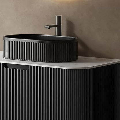 LKTART 30 Inch Floating Bathroom Vanity with Sink, Modern Wall Mounted Bathroom Storage Cabinet with Drawer, Fluted Black Curved Edges Ceramic Sink Top and Marble Texture Top, Black