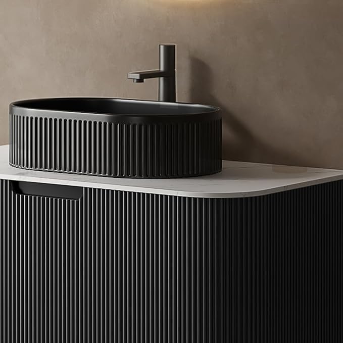 LKTART 36 Inch Floating Bathroom Vanity with Sink, Modern Wall Mounted Bathroom Storage Cabinet with Drawer, Fluted Black Curved Edges Ceramic Sink Top and Marble Texture Top, Black