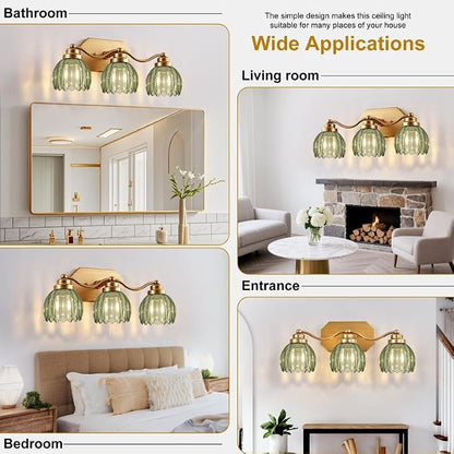 Gold Vanity Light, Vintage Tulip Green Glass Shade, Antique Brass Finish | 3 Light Brushed Gold Bathroom Light Fixtures, Crystal Wall Sconce, Mounted Over Mirror for Bedroom Hallway, Easy to Install