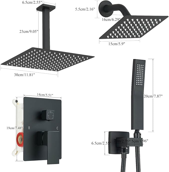 Shower Faucet Matte Black Shower System with 12" Celing+6" Wall Dual Rain Shower Head with Handheld Spray,Bathroom Luxury Brass Shower Valve with Shower Diverter Kit Shower Faucet Set Complete