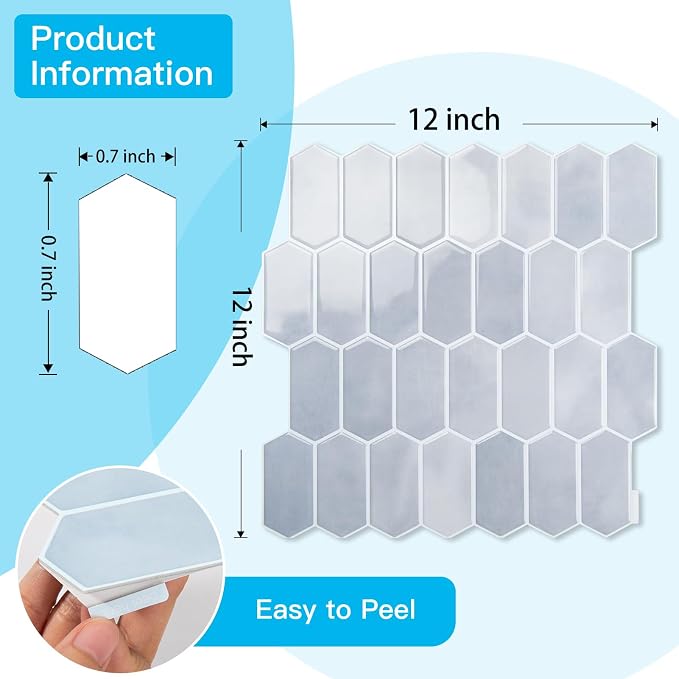 Art3d Hexagon Peel and Stick Backsplash, 10-Pack, 12 x 12 Inch, Light Blue | Superior Thickness, Reliable Adhesion, Warp Resistant, Minimalist Style, Easy to Install, for Kitchen Countertops, Bedroom