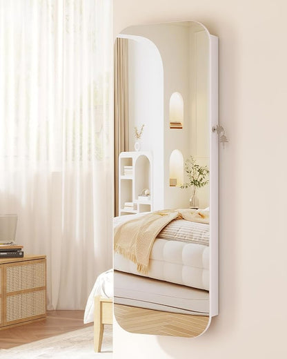 LVSOMT 6 LEDs Mirror Jewelry Cabinet Door Hanging, 42.5", Lockable, White | Jewelry Organizer with Full Length Mirror, Wall Mounted Large Jewelry Storage for Earrings, Rings, Necklaces