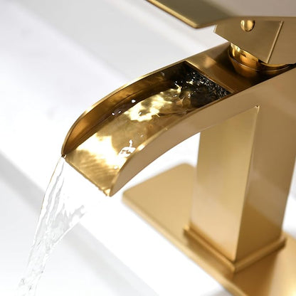 Waterfall Bathroom Faucet Gold - Single Handle Sink Faucets Bathroom 1 Hole Or 3 Hole for 4In | Modern Solid Vanity Faucet with Deck Plate & Overflow Pop Up Drain Brushed Gold