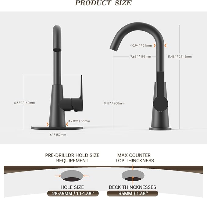 Phiestina Single Hole Matte Black Single-Handle 4 Inch Bathroom Sink Faucet with Deck Plate and Supply Hoses, Bar Sink Faucet/Pre-Kitchen Sink Faucet with 360° Rotation Spout, WE10E-MB