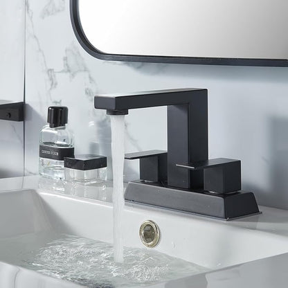 Black 2 Handle Centerset Bathroom Faucet,Matte Black 4 Inch Bathroom Sink Faucet Modern Vanity Faucets for Sink 3 Hole Lavatory Bath Faucet with Lead-Free Supply Hose and Pop up Drain