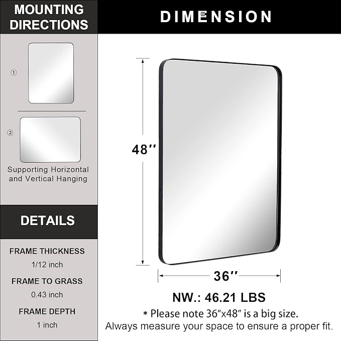 36”x48” Black Bathroom Mirror, Wall Mirror for Bathroom, Rounded Rectangle Mirror in Premium Stainless Steel Metal Frame Hangs Horizontal Or Vertical (Matte Black)