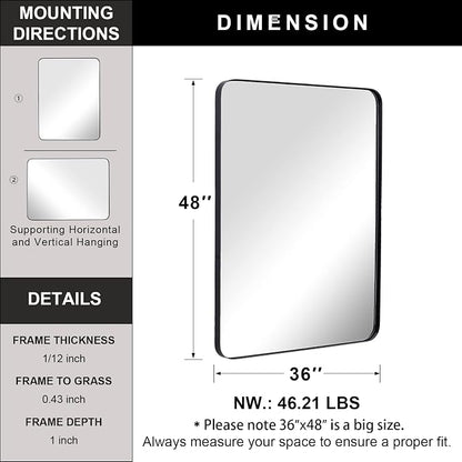 36”x48” Black Bathroom Mirror, Wall Mirror for Bathroom, Rounded Rectangle Mirror in Premium Stainless Steel Metal Frame Hangs Horizontal Or Vertical (Matte Black)