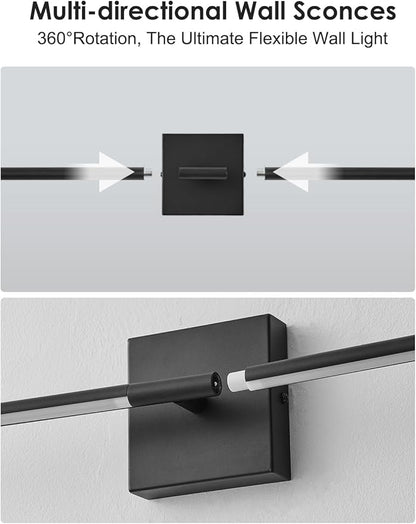 27.8 Inch Hardwired Wall Sconces Set of Two, 3000K Warm White Dimmable Modern Wall Sconces, 350° Rotate LED Light Fixtures Wall Lamp for Bathroom Living Room Bedroom Bedside, Black