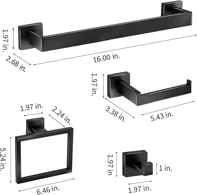 5 Pieces Bathroom Hardware Accessories Set 16 Inch Wall Mounted Towel Bar Set Matte Black Towel Rack Rings Stainless Steel Toilet Paper Holder Bath Coat Hooks