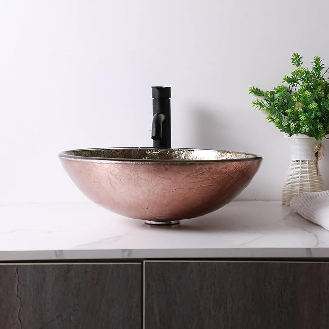 Sarlai Bathroom Vessel Sink Tempered Glass Round Vessel Sink with Faucet and Pop-up Drain Combo 16-1/2 x 16-1/2 Inch Yellow Countertop Bathroom Sink Basin