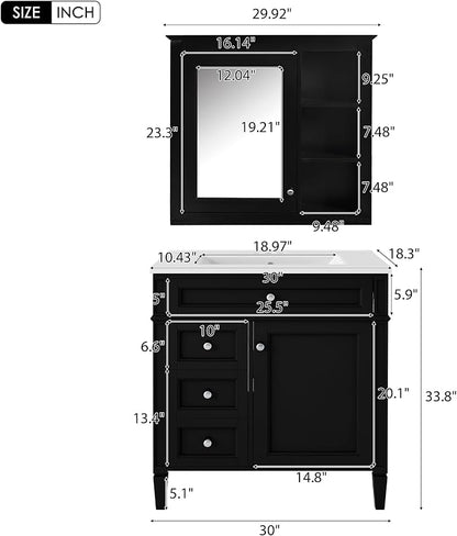 Merax 30 Inch Bathroom Vanity with Sink Set, Modern Bathroom Vanity Storage Cabinet with Matching Mirror Medicine Cabinet, Solid Wood Frame，Painted Finish, 2 Drawers and 1 Tip-Out Drawer, Black
