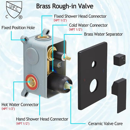 Matte Black Shower System, 8 Inch High Pressure Rain Shower with Handheld, Wall Mount Shower Faucet Set for Bathroom, Rough-in Valve Body and Trim Included