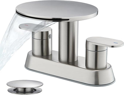 Waterfall Bathroom Faucet, Brushed Nickel Bathroom Sink Faucet 3 Hole | faucet for bathroom sink, 4 inch vanity fixture, two handle basin mixer, round shelf, metal pop-up drain, remodel layouts