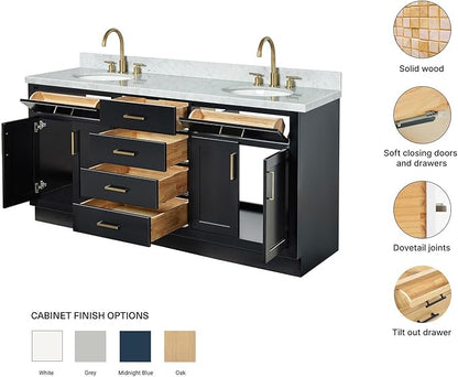 ARIEL Hepburn 72-inch Bathroom Vanity with Sink,Solid Wood, 1.5-inch Italian Carrara Marble Countertop & Backsplash, Double Oval Porcelain Sink, 4 Soft Closing Doors, 6 Dovetail Drawers, Black