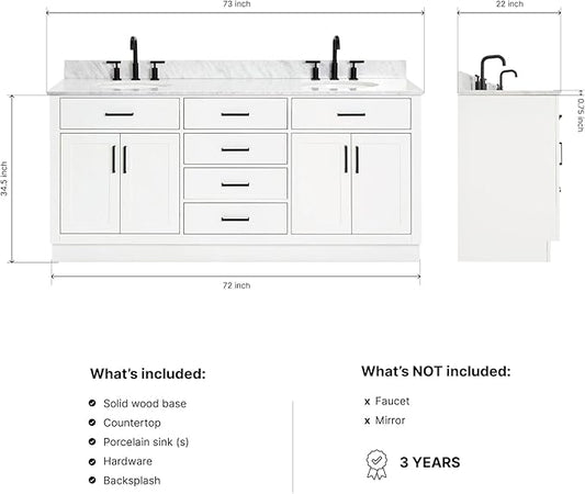 ARIEL Hepburn 72-inch Bathroom Vanity with Sink,Solid Wood, 0.75-inch Italian Carrara Marble Countertop & Backsplash, Double Oval Porcelain Sink, 4 Soft Closing Doors, 6 Dovetail Drawers, White