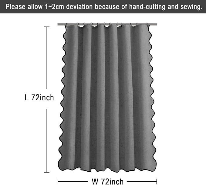 Scalloped Shower Curtain Linen Boho Flax Dark Gray 72" W x 72" L | Linen Fabric, Black Border, Washable, Heavy Duty Cloth, Shower Curtain for Boho Farmhouse Bathroom Bathtub