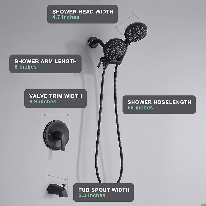 Black Shower Faucet Set with Tub Spout - Tub and Shower Faucet Combo| Dual 2 in 1 Shower System with Handheld Showerhead 3-way Water Diverter Shower Trim Kit(Pressure Balancing Valve Included)