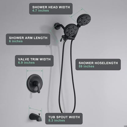 Black Shower Faucet Set with Tub Spout - Tub and Shower Faucet Combo| Dual 2 in 1 Shower System with Handheld Showerhead 3-way Water Diverter Shower Trim Kit(Pressure Balancing Valve Included)