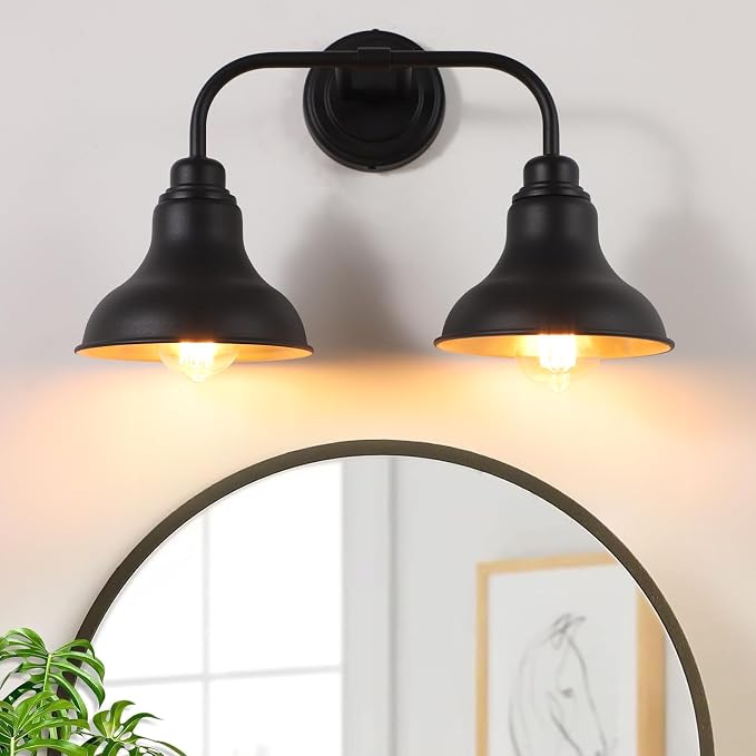 18-Inch 2-Light Farmhouse Bathroom Vanity Light Over Mirror, Black | Rustic industrial style, metal construction, 2 E26 sockets, 60W max each, dimmable, 7.08 in. shades, bathroom mirror, bedroom