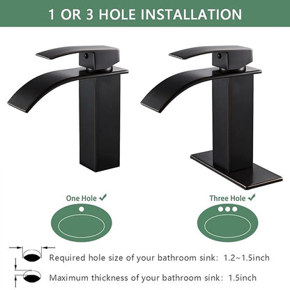 VOTON Bathroom Faucets Oil Rubbed Bronze Modern Single Handle Waterfall Sink Faucet for 1 or 3 Holes with Deck Plate, Rv Sink Camper Farmhouse Bathroom Utility Remodel Faucet